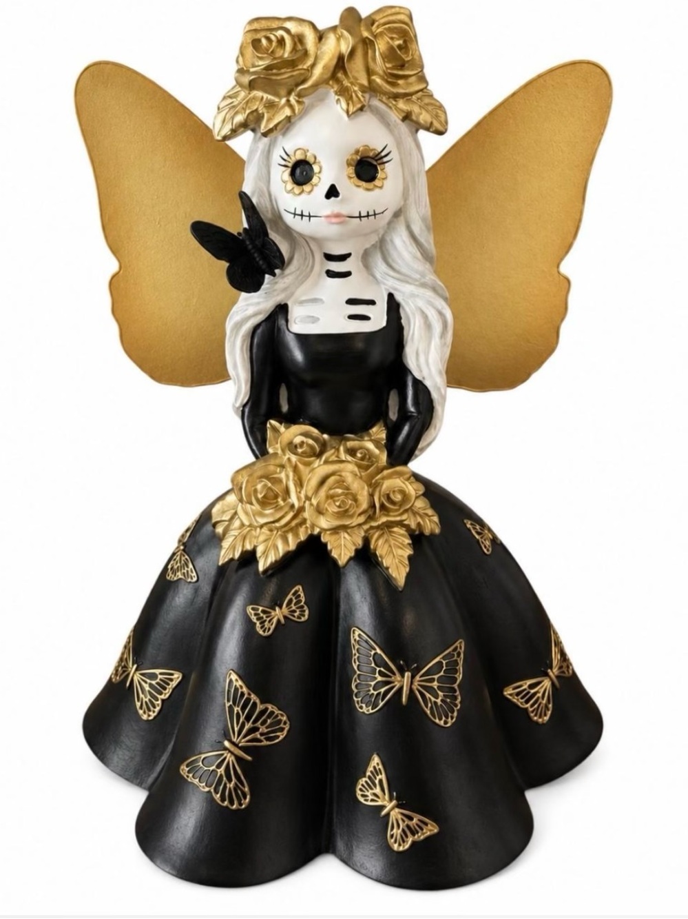 Bella Lux Skeleton Butterfly Girl Metal Wings Halloween Decor Black Gold